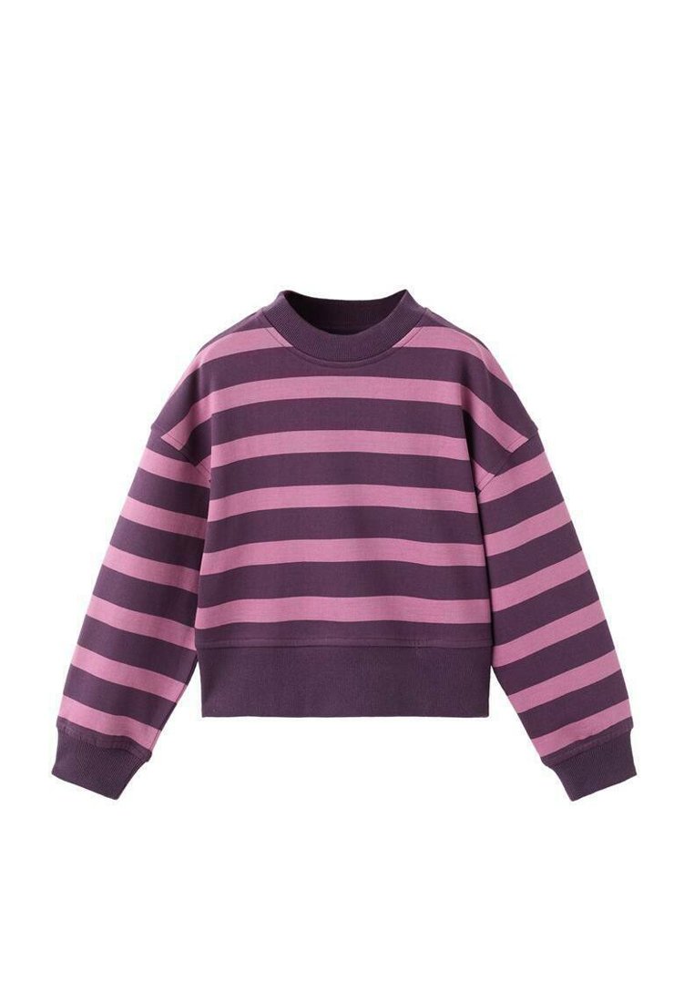 Bluza cu dungi violet și roz. Are un gât rotund, umeri căzuți și mansete ribbed. Fabricată dintr-un material moale și confortabil.