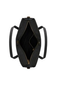 Sac à main noir au design structuré, en cuir lisse, avec fermeture éclair et quincaillerie dorée. L'intérieur dispose de plusieurs compartiments.