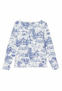 Langarmshirt aus weißer Baumwolle mit einem blauen Toile-Muster, das Landschaften, Bäume und Boote zeigt. Runder Halsausschnitt und lockere Passform.