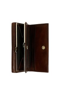 Portafoglio in pelle marrone con una superficie testurizzata, dotato di chiusura a scatto, più scomparti per carte e un interno suddiviso per un'organizzazione ottimale.