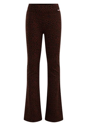 Pantalon noir évasé avec un motif de petites taches rouges irrégulières et une taille haute, présenté sur fond blanc.