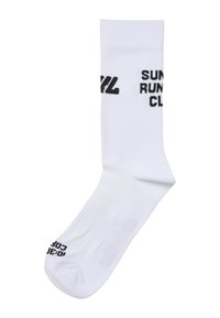 Calzino atletico bianco con scritte nere. Presenta una texture liscia, polsino a coste e logo con la scritta "SUMMER RUNNING CLUB" e "10-13 COR".