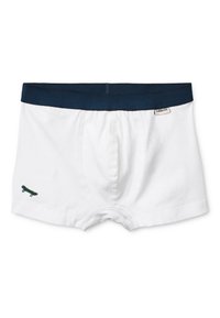 Λευκά βαμβακερά μποξεράκια με μπλε σκούρο ελαστικό κορδόνι στη μέση και ένα μικρό πράσινο skateboard κεντημένο στην αριστερή πλευρά.