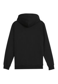 Zwarte hoodie met lange mouwen, gemaakt van zachte stof. Beschikt over een gestikte capuchon en ribgebreide manchetten en zoom, met een overall gladde textuur.