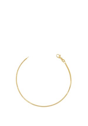 Zarter Goldkettchen-Armband mit Karabinerverschluss und rechteckigen Gliedern, auf weißem Hintergrund präsentiert.
