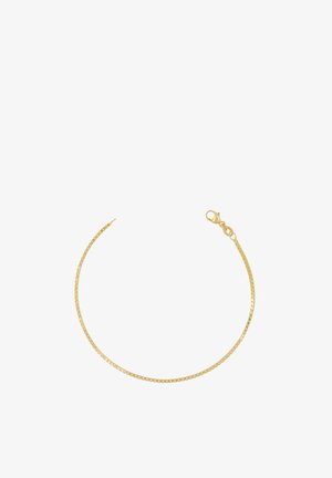 Delicato bracciale a catena d'oro con chiusura a moschettone e maglie rettangolari, mostrato su sfondo bianco.