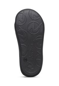 Suola di scarpa in gomma nera con un motivo testurizzato e un design a onde, completa di logo. Il numero "20" è impresso sul lato. Forma piatta e arrotondata.