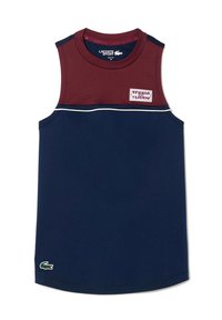 Ärm-lös atletisk skjorta i mörkröd och marinblå, med ett horisontellt vitt rand, en logotyp-patch och en slim fit design.