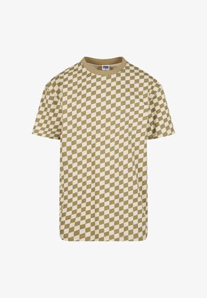 T-shirt à manches courtes à carreaux beige et blanc, avec un col rond, en tissu coton doux et une coupe décontractée.