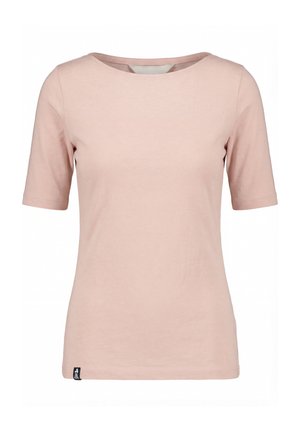 Light pink short-sleeve women's t-shirt with round neckline and small black brand tag at bottom left hem.