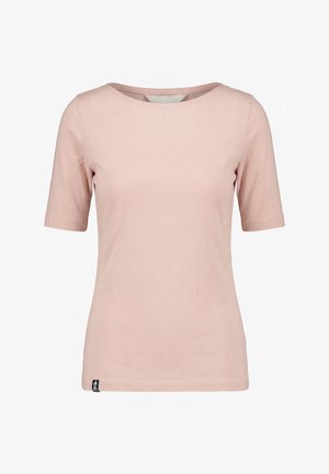Lichtroze dames T-shirt met korte mouwen, ronde halslijn en een klein zwart merklipje aan de onderlinkerzoom.