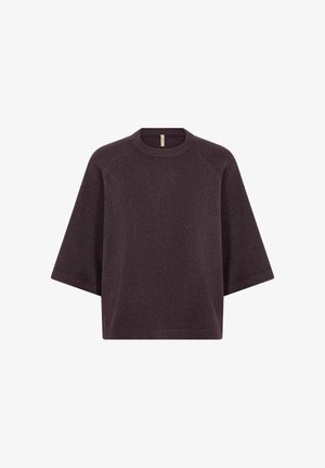 Boxy knit sweater in deep mauve, featuring a ribbed crew neckline, short sleeves, and a textured fabric, with a relaxed fit and no visible fastenings.
