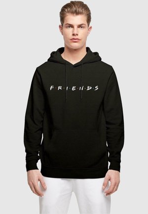 Svart hettegenser med snor, med ordet "FRIENDS" i hvitt med fargerike prikker mellom bokstavene. Frontlomme.