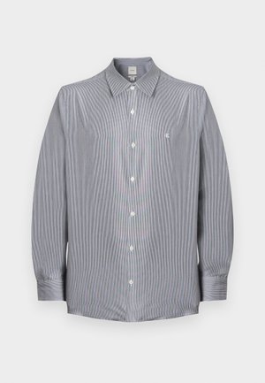 Herenoverhemd met lange mouwen en knopen, met fijne grijs-witte strepen, puntige kraag en klein wit geborduurd logo op de borst.
