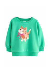 Felpa verde con illustrazione di un gatto con un fiocco rosa. Realizzata in tessuto morbido, presenta un collo rotondo e polsini a coste.