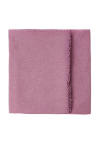 Écharpe frangée violette en tissu doux et texturé. Forme rectangulaire avec un motif tissé subtil. Les bords présentent un léger effilochage.