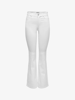 Kõrge vöökohaga valged lehvikpõlvedega teksapüksid, ees nööpide, tõmbluku ja viie tasku disainiga, kuvatud lihtsal taustal.