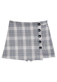 Mini-jupe à carreaux gris et blanc avec cinq boutons noirs alignés verticalement sur le côté droit.