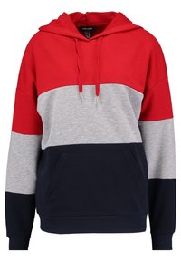 Felpa con cappuccio con blocchi di colore rosso, grigio e blu navy. Realizzata in tessuto morbido con tasca a marsupio frontale e coulisse regolabile.