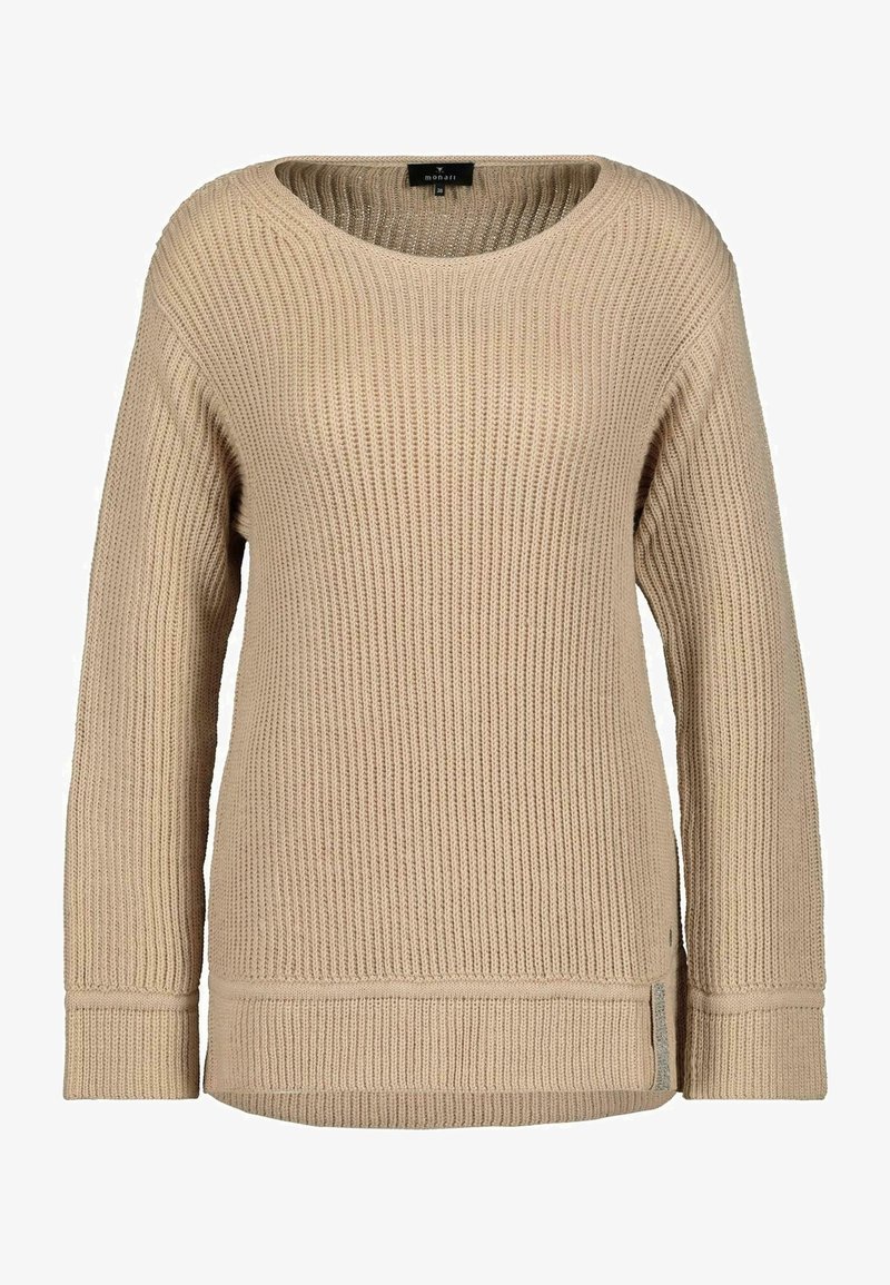 Pull beige en tricot avec un large col rond, une texture côtelée et des manches longues. Présente des fentes sur les côtés et une étiquette logo sur l'ourlet.