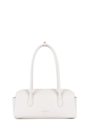 Borsa Lancaster Paris in pelle bianca con manici doppi lunghi e cerniera dorata sulla parte superiore, forma rettangolare con design minimale.