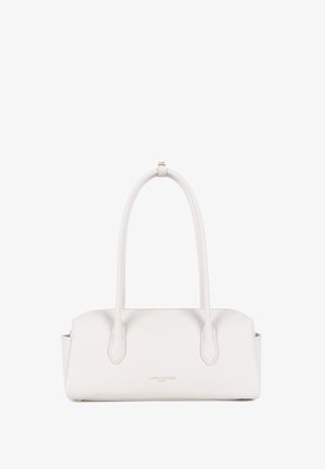 Borsa Lancaster Paris in pelle bianca con manici doppi lunghi e cerniera dorata sulla parte superiore, forma rettangolare con design minimale.