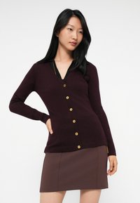 Woman wearing a dark purple ribbed cardigan with gold buttons over a black top and a brown skirt, posing with one hand on her hip.