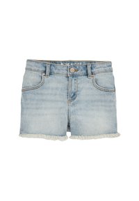 Hellblaue Denim-Shorts mit fransigem Saum, fünf Taschen und Knopfverschluss. Der Stoff hat eine leicht ausgewaschene Textur.
