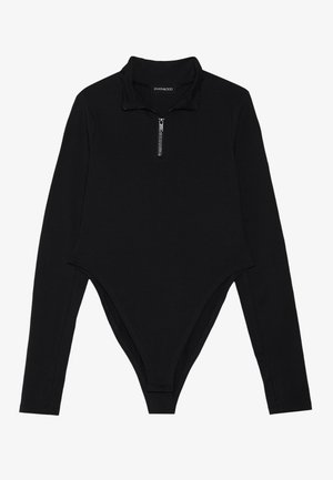 Svart långärmad bodysuit med hög krage, halv dragkedja och kroppsnära design med trosliknande bakstycke. Slät tygtextur.