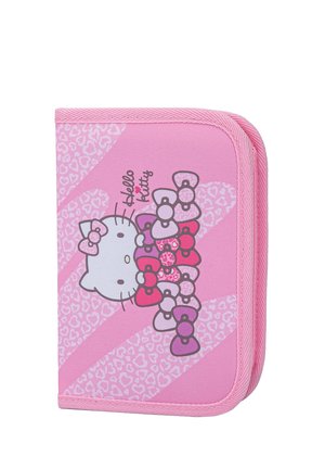 Trousse Hello Kitty rose avec plusieurs nœuds colorés et motifs de cœurs sur fond blanc.