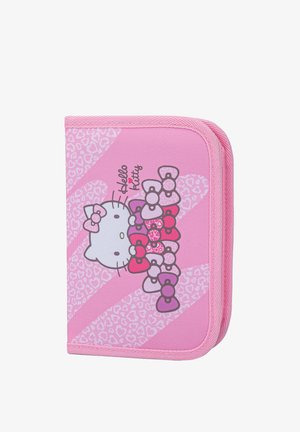 Różowy piórnik Hello Kitty z wieloma kolorowymi kokardkami i wzorami serduszek na białym tle.