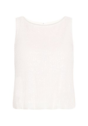 Biały top bez rękawów o fakturowanym, prążkowanym wzorze z migoczącymi cekinami na całej powierzchni. Posiada okrągły dekolt i luźny fason.