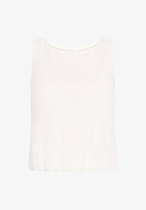 Biały top bez rękawów o fakturowanym, prążkowanym wzorze z migoczącymi cekinami na całej powierzchni. Posiada okrągły dekolt i luźny fason.