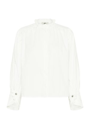 Bijela bluza s visokim, naboranim ovratnikom i skupljenim ramenima. Dugi naborani rukavi s manšetama na kopčanje. Glatki, lagani materijal.