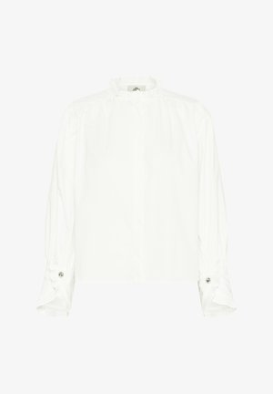 Biela blúzka s vysokým, volánikovým golierom a nariasenými ramenami. Dlhé, nafúknuté rukávy s gombíkovými manžetami. Hladká, ľahká tkanina.