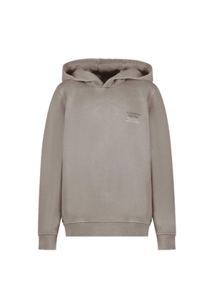 Hoodie in licht beige, gemaakt van zacht stof. Heeft een kangoeroezak en een klein, bedrukt logo op de borst. Casual fit.