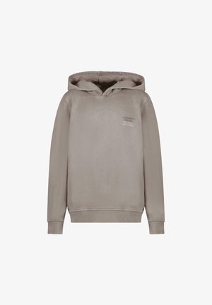 Hoodie in licht beige, gemaakt van zacht stof. Heeft een kangoeroezak en een klein, bedrukt logo op de borst. Casual fit.
