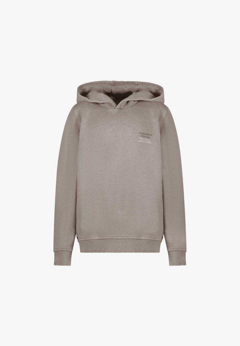 Hoodie in licht beige, gemaakt van zacht stof. Heeft een kangoeroezak en een klein, bedrukt logo op de borst. Casual fit.
