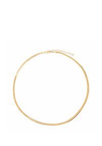 Złota metalowa naszyjnik choker o gładkim, płaskim wzorze. Posiada regulowany łańcuszek i zapięcie, co zapewnia wszechstronność rozmiarów.