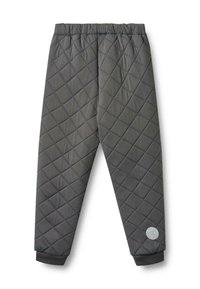 Grå kviltede bukser med diamantmønster, elastisk talje, ribbede mansjetter og et rundt logopatch på underbenet.