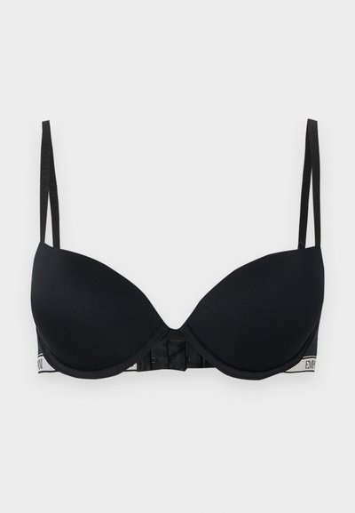 Črni modrček z obrobo, oblikovanimi košaricami, nastavljivimi naramnicami in elastičnim trakom z blagovno znamko na spodnjem delu.