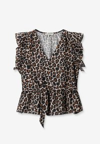 Blouse à imprimé léopard avec un décolleté en V profond et des manches volantes. Liens ajustables à la taille, ourlet peplum et texture de tissu lisse.