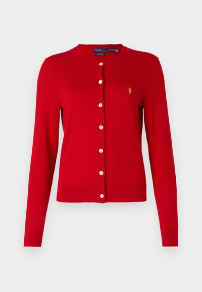 Red cardigan made of knit fabric, featuring a round neckline, long sleeves, button closure, and a small gold logo on the chest.