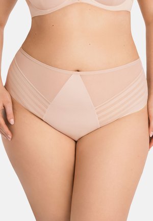 Bragas nude de cintura alta, hechas de un tejido transparente y suave, con un diseño triangular y detalles rayados en los laterales.