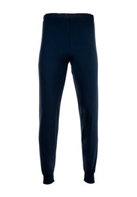 Navyblauwe joggingsbroeken van zachte stof, met een elastische tailleband en taps toelopende boorden bij de enkels, met een gladde textuur.