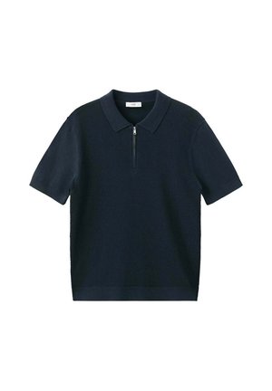 Marineblaues, kurzärmeliges Strick-Poloshirt mit strukturierter Vorderseite und kurzem Reißverschluss am Kragen.