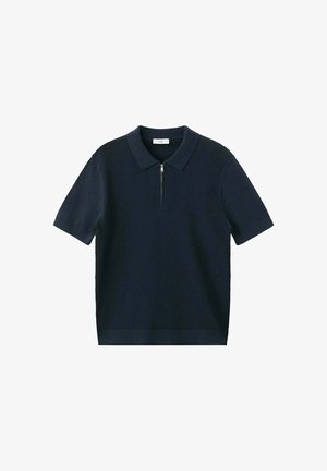 Polo in maglia blu navy a maniche corte con fronte strutturato e una cerniera corta sul colletto.