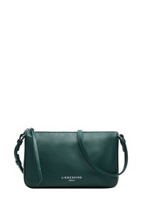 Zielona skórzana torba na ramię o gładkiej fakturze, z zamkiem błyskawicznym i regulowanym paskiem. Na przedniej części tłoczone logo marki.