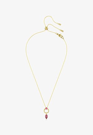 Gouden ketting met een ronde hanger met een druppelvormige roze steen en een kleinere roze steen als accent. De ketting heeft een verstelbare lengte.