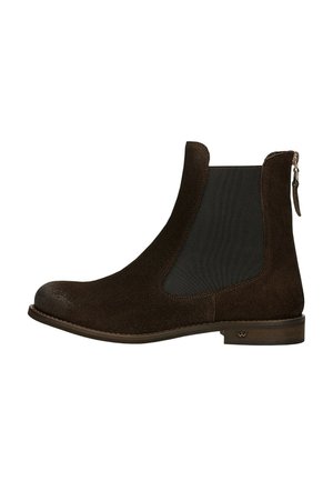 Bottine en daim marron foncé avec panneau latéral élastique, petit talon et tirette de fermeture éclair à l'arrière.